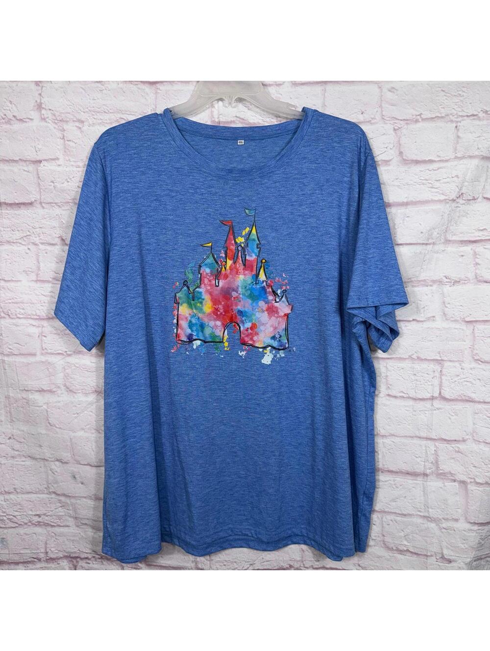 Blue Graphic 4X T-Shirt with Watercolor Castle Design